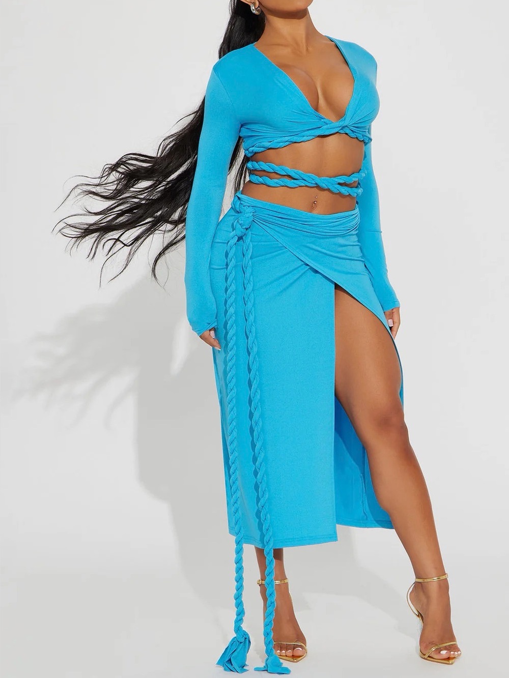 Fashion Nova Turquoise Two-Piece Wrap Crop Top & Skirt Set